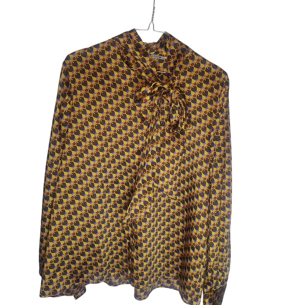 Zara Women XXL (fits like XL) Gold Geo Print Satin Tie Neck Bow Blouse Retro Mod